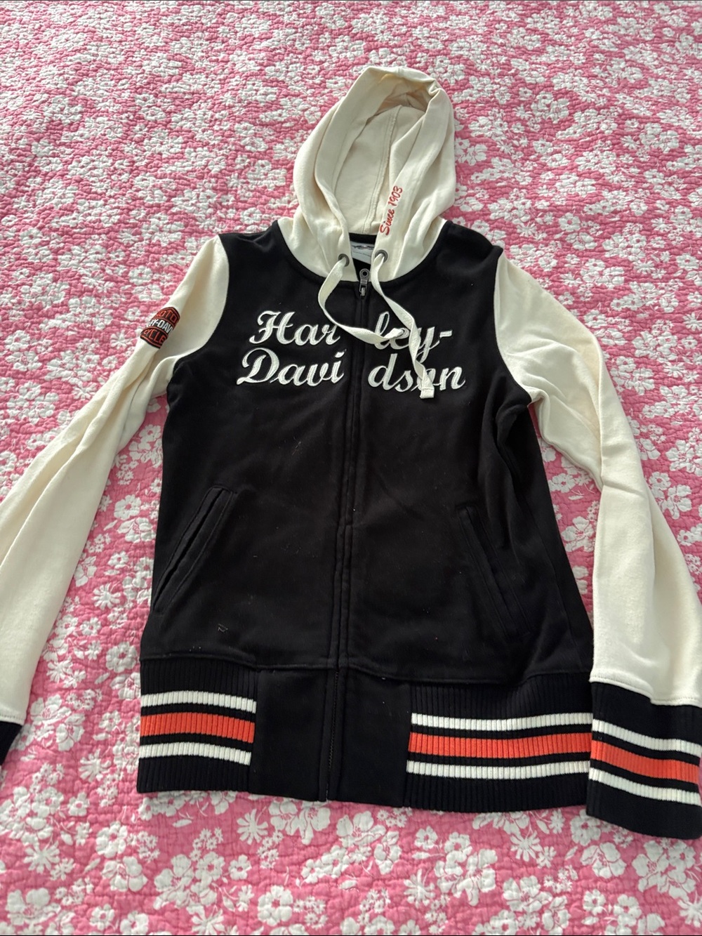 Harley-Davidson Black & Cream Zip-Up Hoodie with Striped Hem